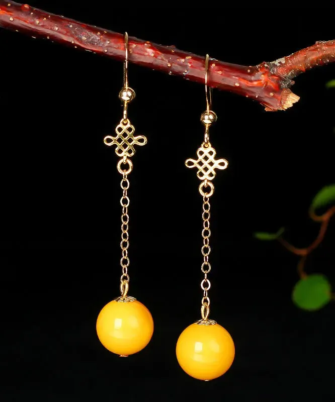 14K Gold Amber Beeswax Drop Earrings