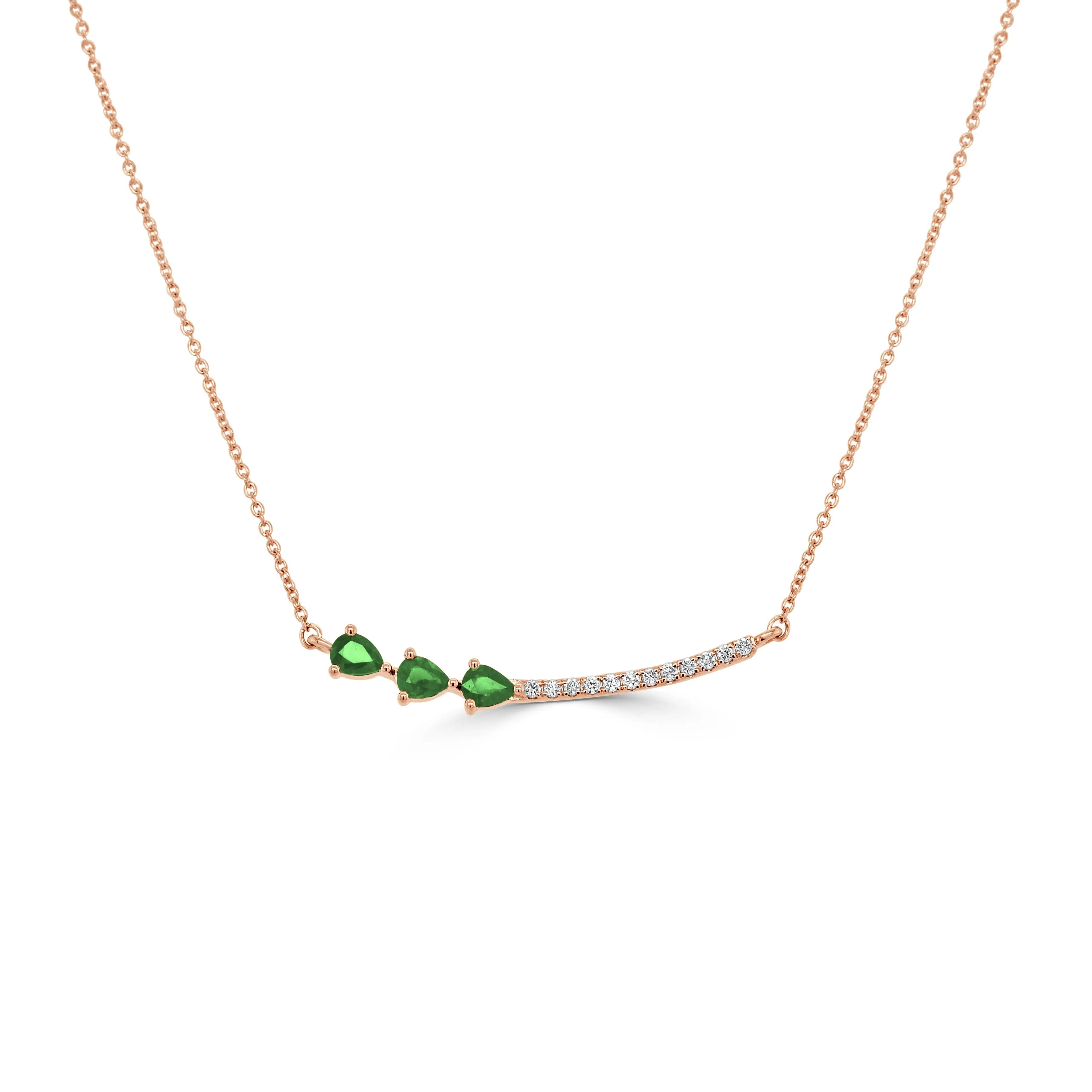 14K Gold Pear Shaped Emerald and Diamond Bar Necklace