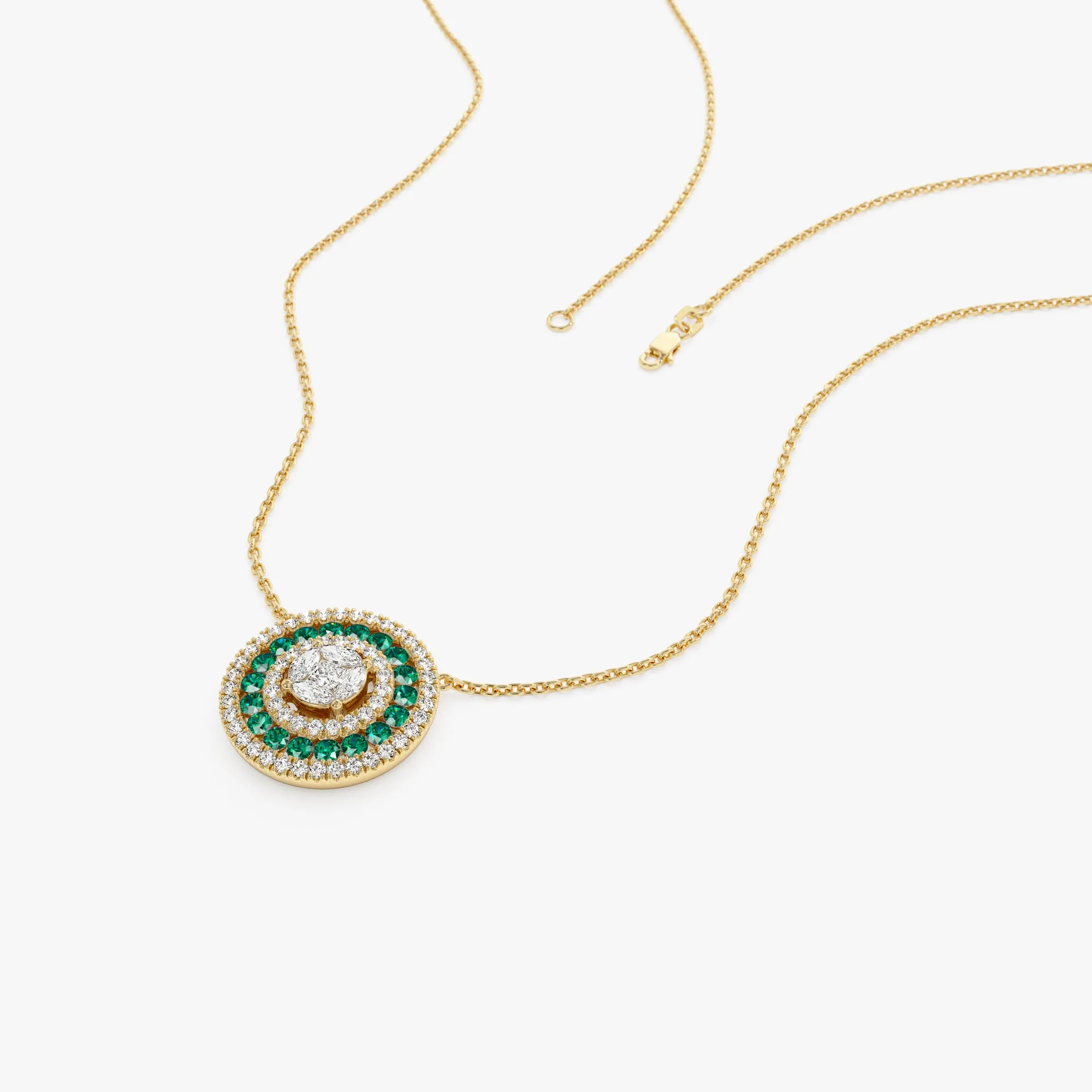 14K Gold Round Diamond Emerald Necklace