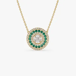 14K Gold Round Diamond Emerald Necklace