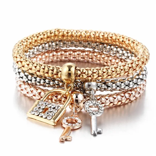 17KM Fashion Gold Color Crystal Skull Bracelet & Bangle 2018 New Charm Luxury Love Heart Women Bracelet Gift 3 PCS/Set