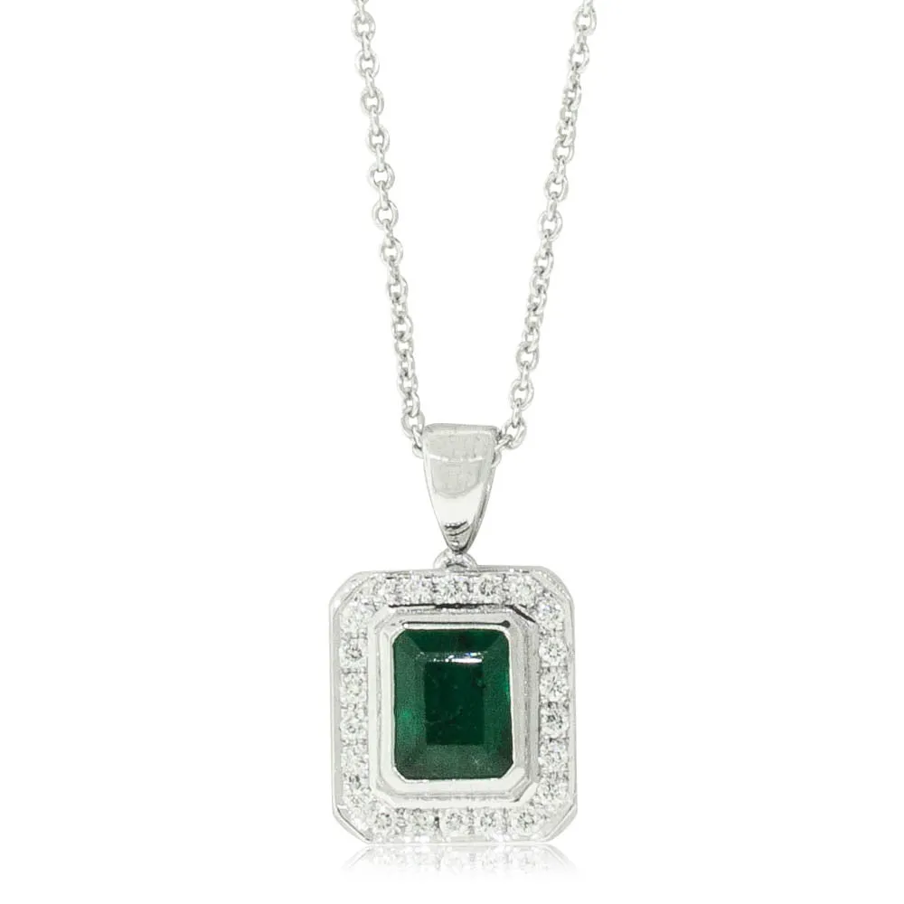 18ct White Gold 1.00ct Emerald & Diamond Halo Pendant