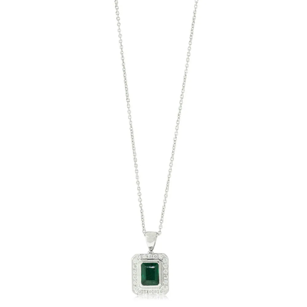 18ct White Gold 1.00ct Emerald & Diamond Halo Pendant