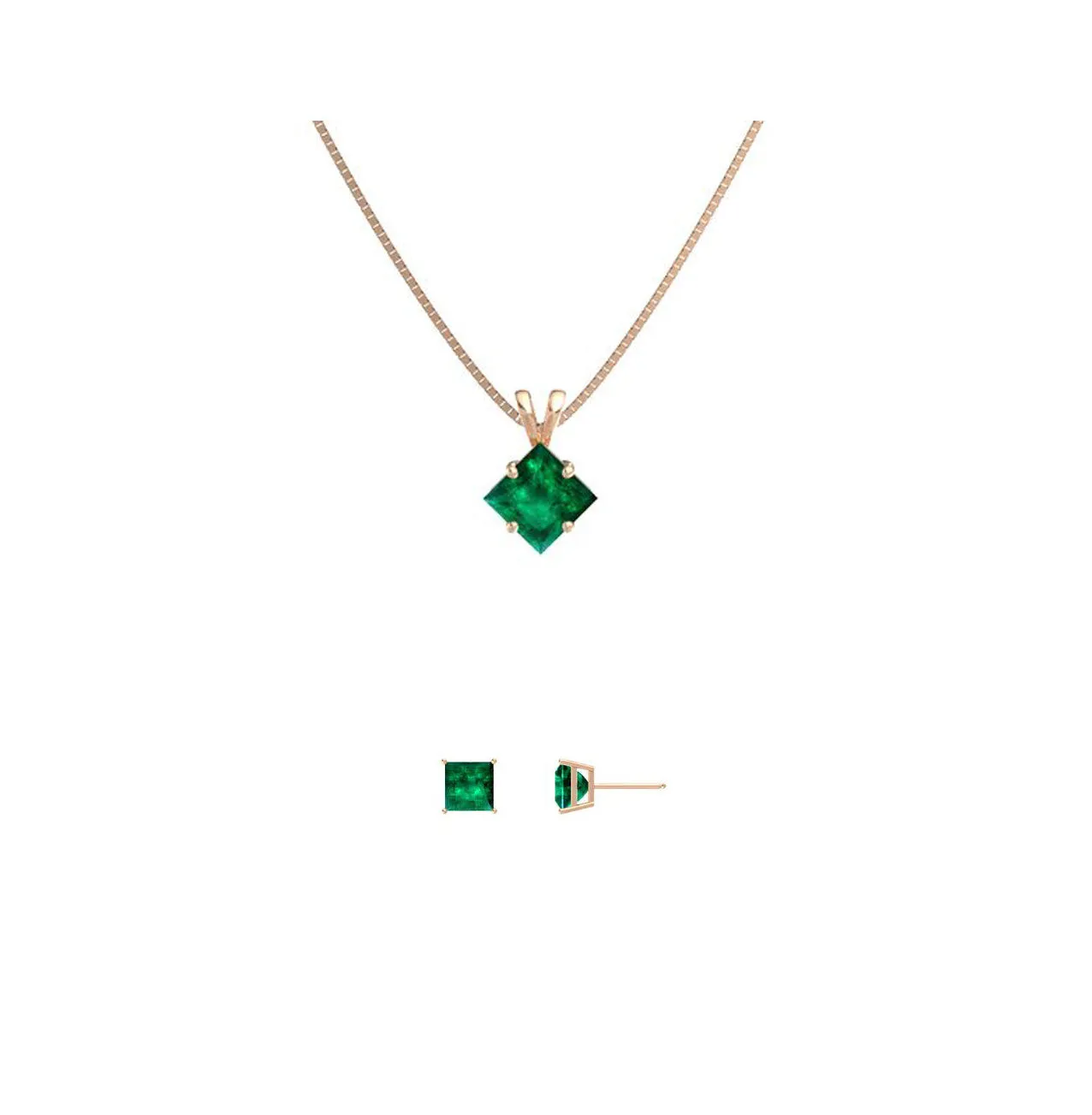 18K Rose Gold 1ct Emerald Square 18 Inch Necklace and Earrings Set Plated