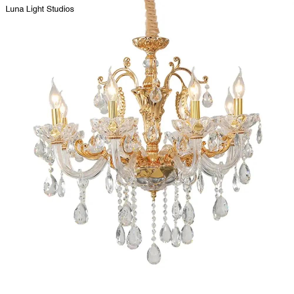 8-Head Traditional Candle Pendant Chandelier in Elegant Gold with Clear Crystal Glass – Stylish Hanging Light Fixture