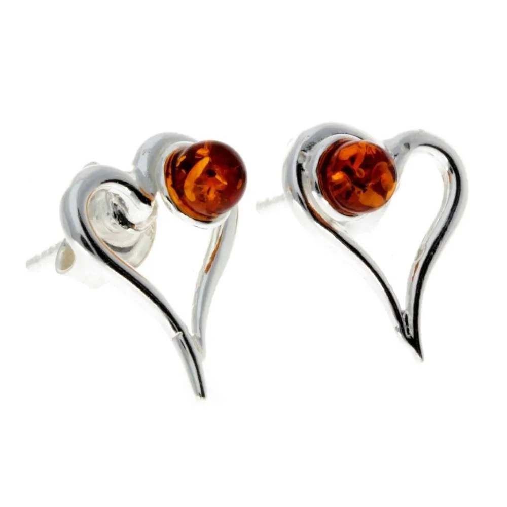 925 Sterling Silver & Genuine Baltic Amber Heart Studs Earrings - M196