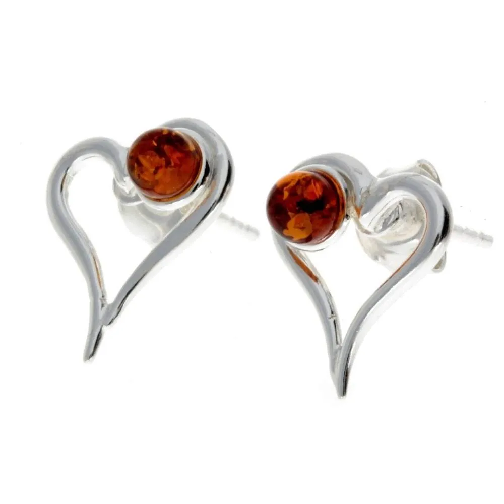 925 Sterling Silver & Genuine Baltic Amber Heart Studs Earrings - M196