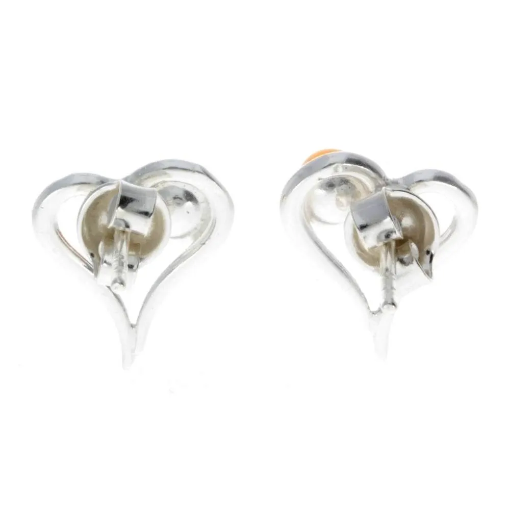 925 Sterling Silver & Genuine Baltic Amber Heart Studs Earrings - M196