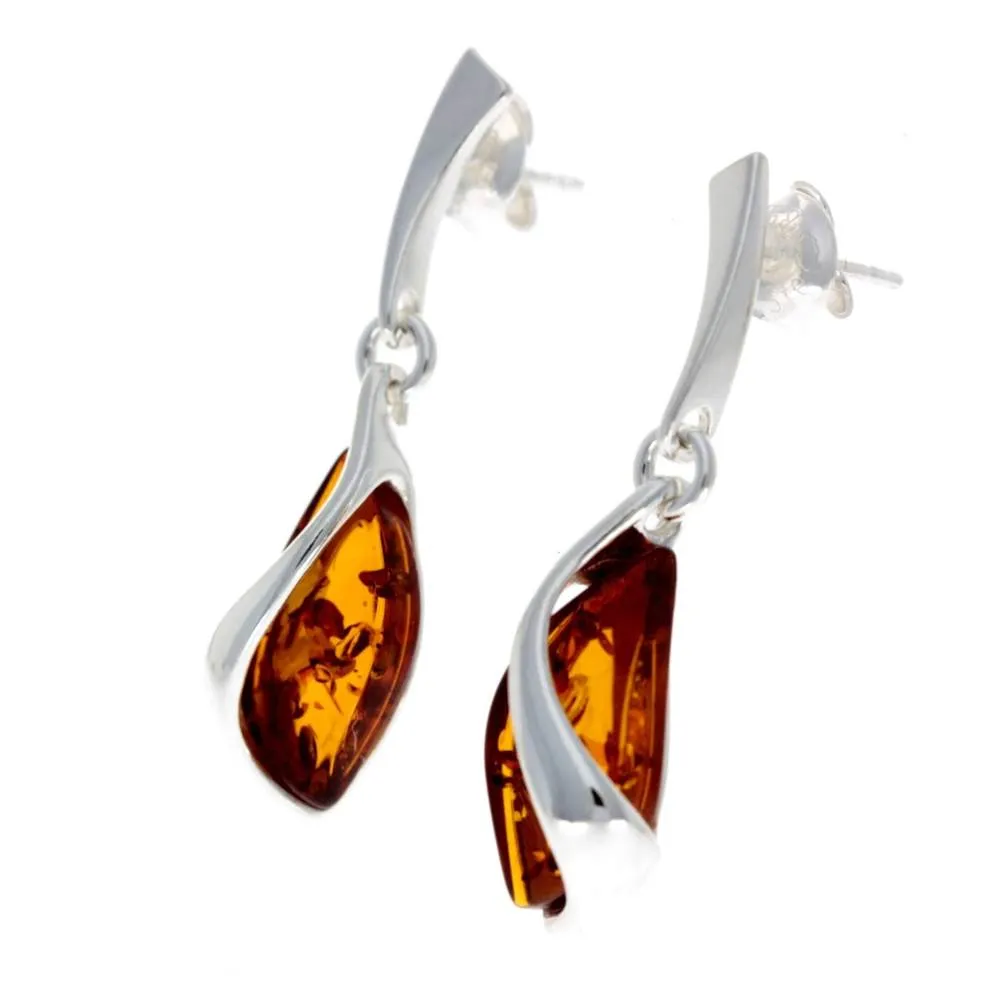 925 Sterling Silver & Genuine Baltic Amber Modern Drop Earrings - GL166