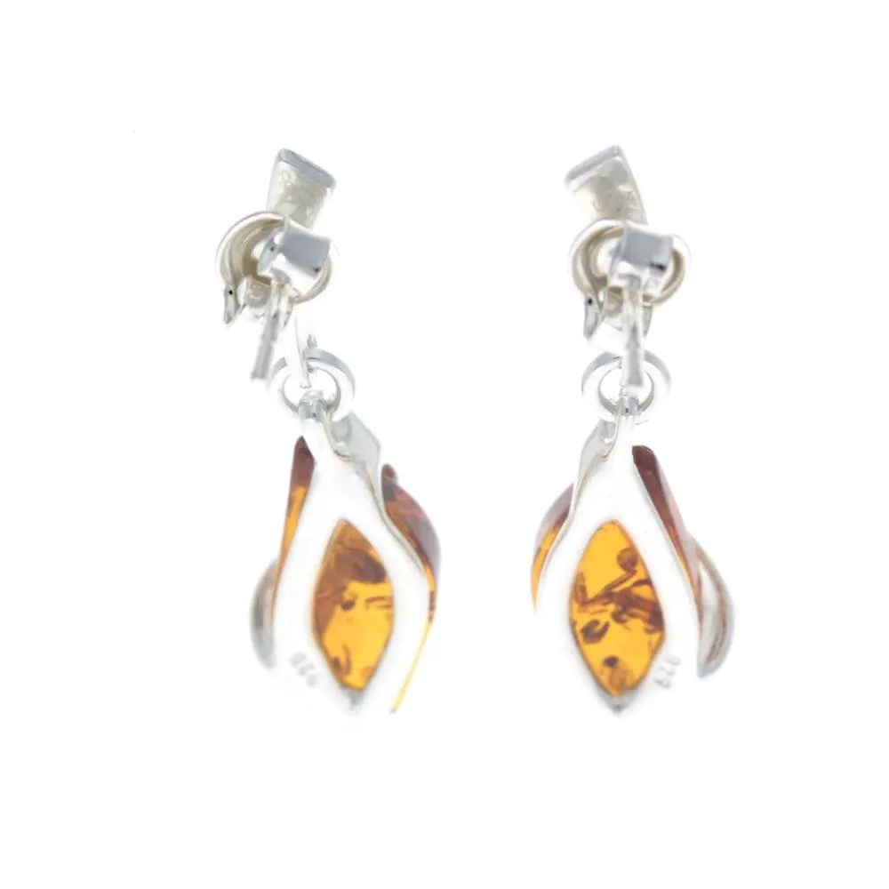 925 Sterling Silver & Genuine Baltic Amber Modern Drop Earrings - GL166