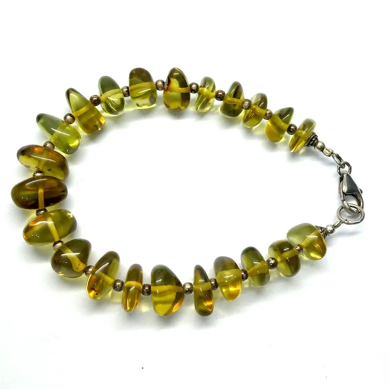 Amber Bracelet ~ Green Polished Nuggets, 925 Sterling Silver Findings