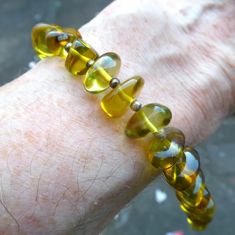 Amber Bracelet ~ Green Polished Nuggets, 925 Sterling Silver Findings