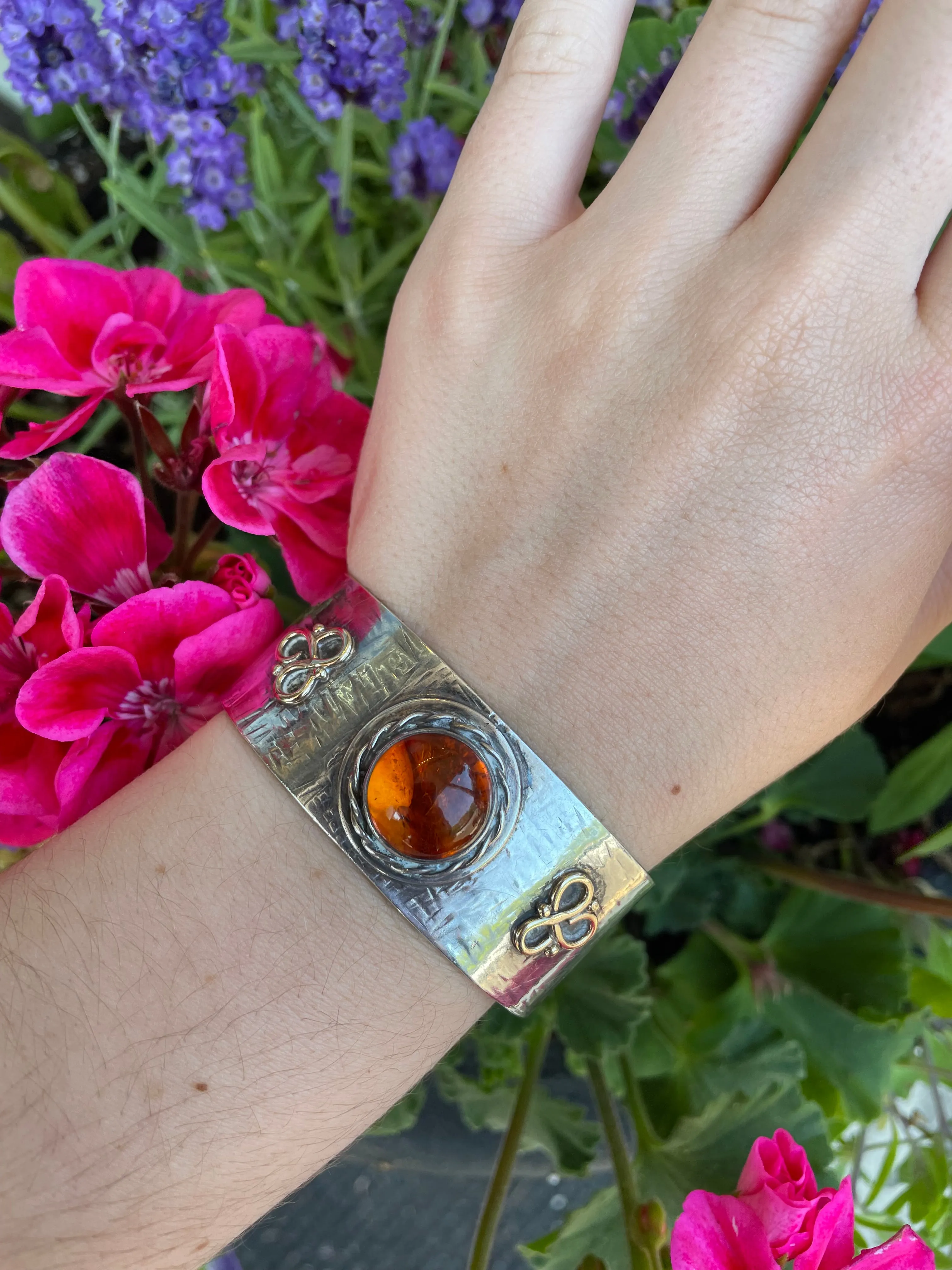 Amber, Sterling and Gold Cuff Bracelet