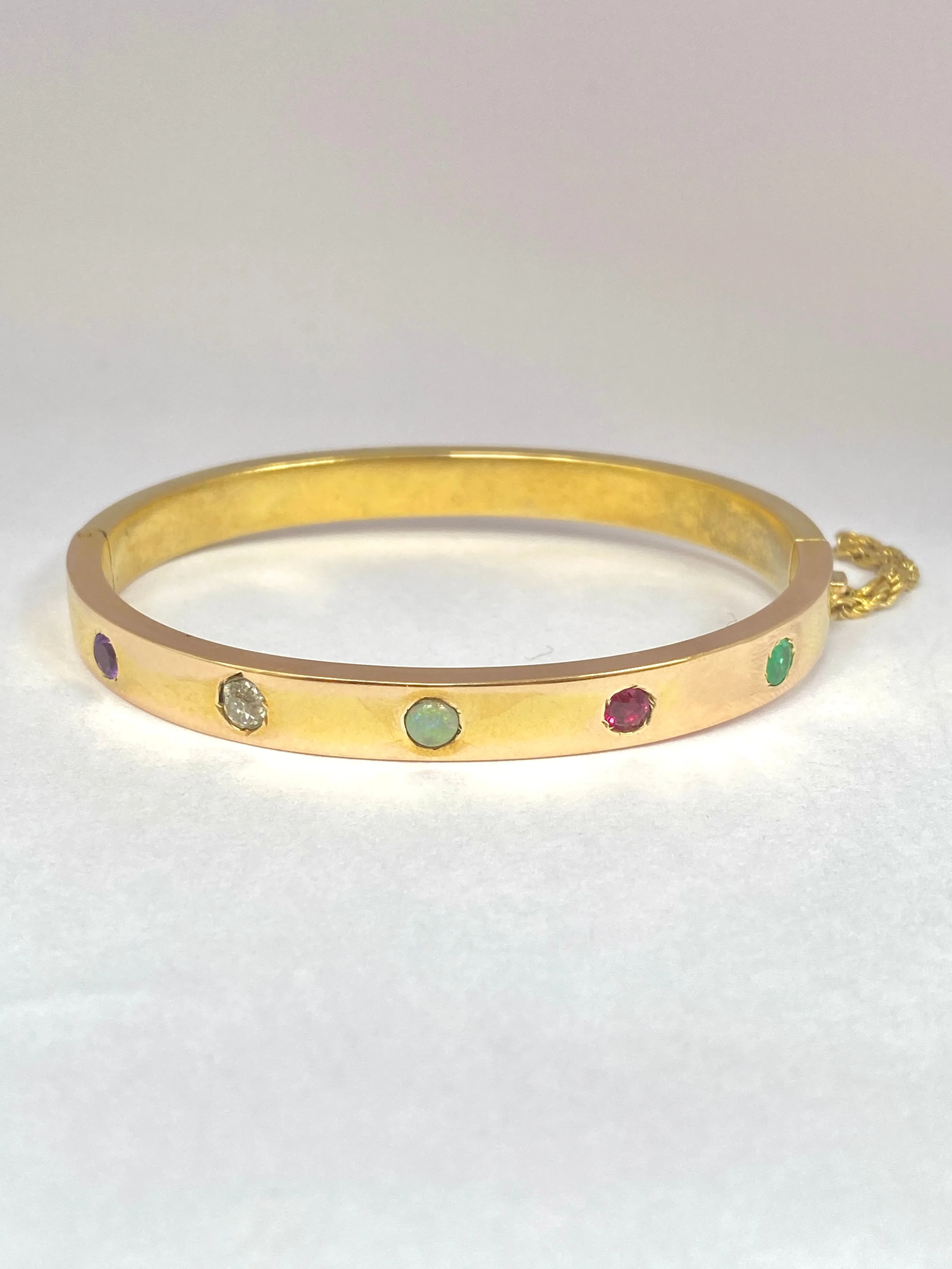 Antique, 15ct Gold Acrostic 'Adore' Bangle (Diamond, Amethyst, Opal, Emerald, Ruby)