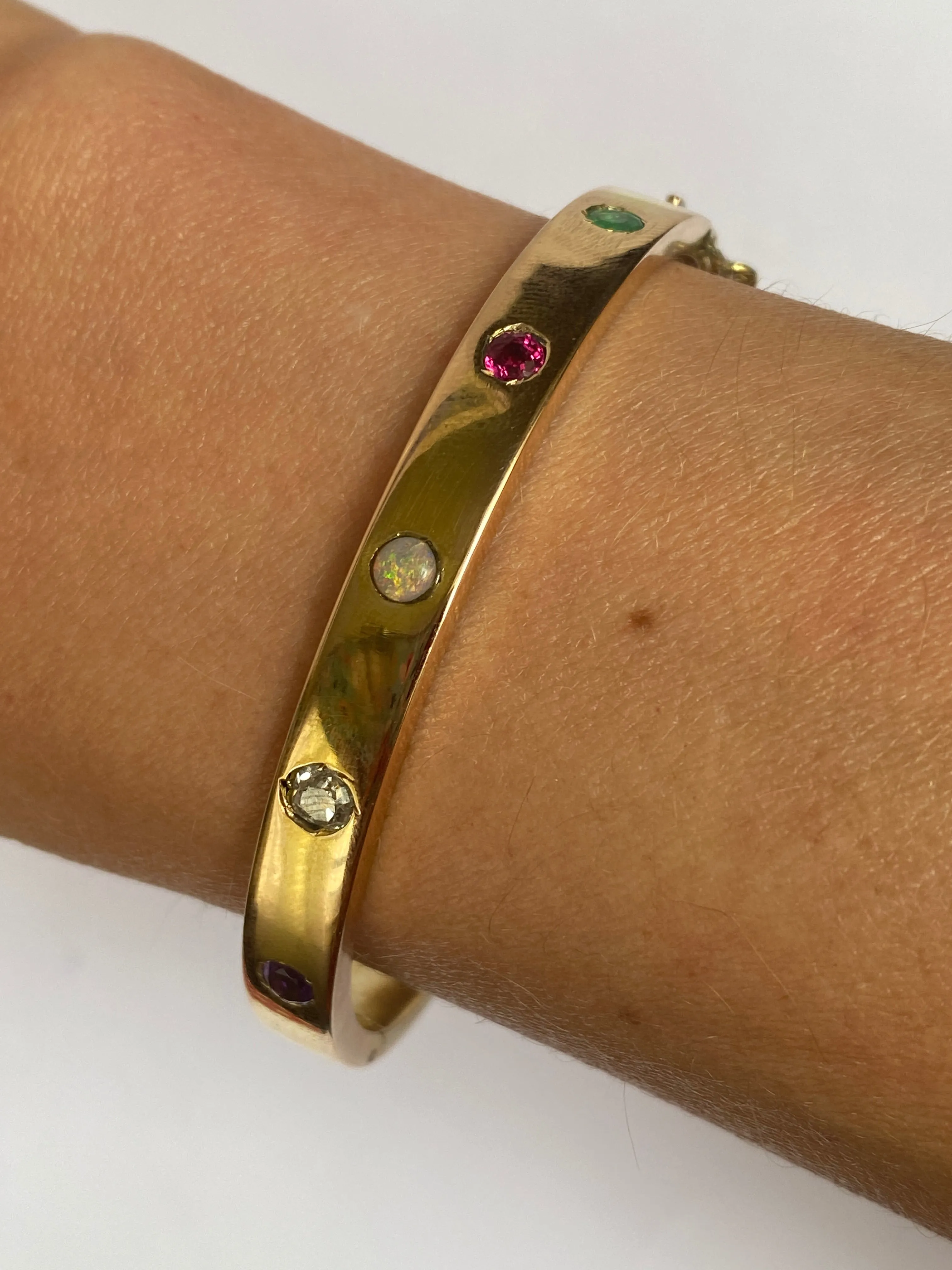 Antique, 15ct Gold Acrostic 'Adore' Bangle (Diamond, Amethyst, Opal, Emerald, Ruby)