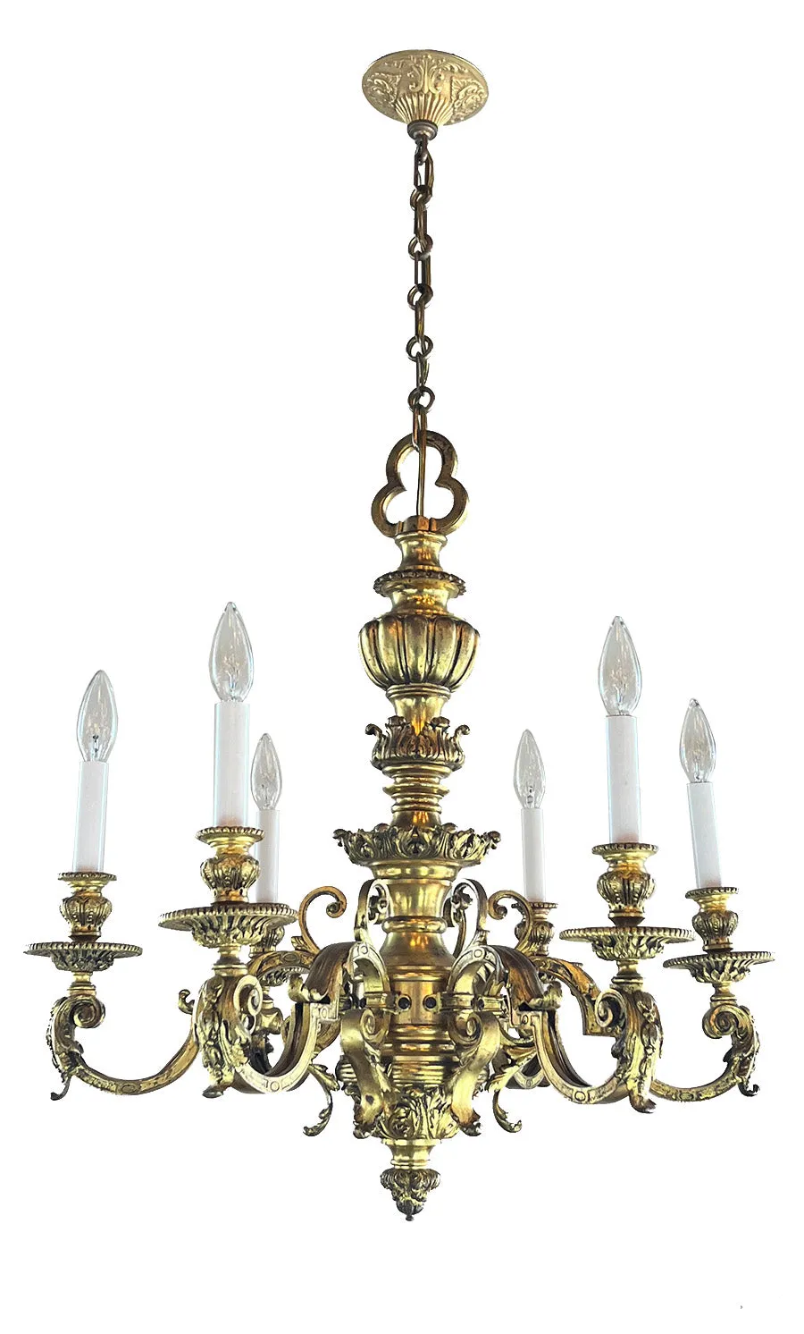 Antique Circa 1900 French Bronze and Ormolu Regency Six Light Chandelier