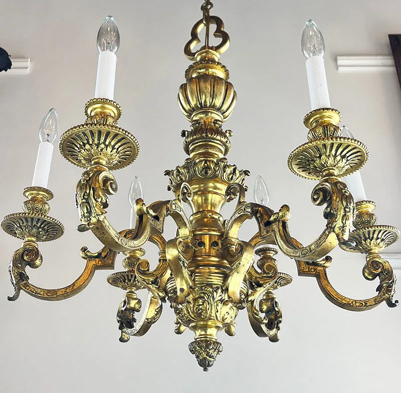 Antique Circa 1900 French Bronze and Ormolu Regency Six Light Chandelier