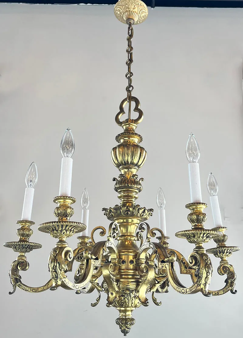 Antique Circa 1900 French Bronze and Ormolu Regency Six Light Chandelier