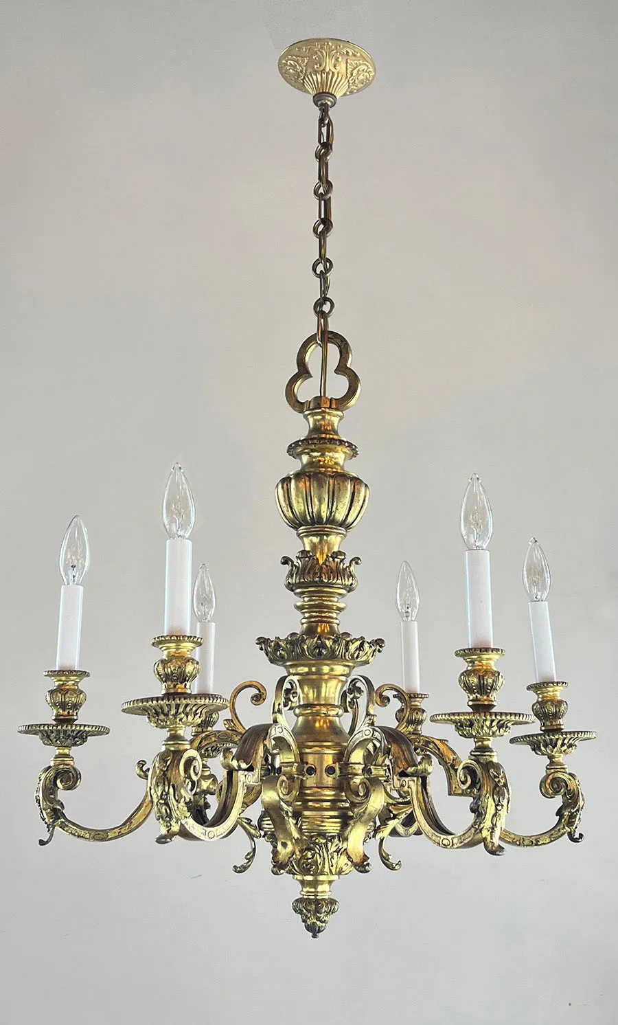 Antique Circa 1900 French Bronze and Ormolu Regency Six Light Chandelier