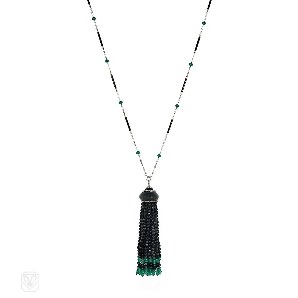 Art Deco French onyx, emerald, enamel, and diamond tassel necklace