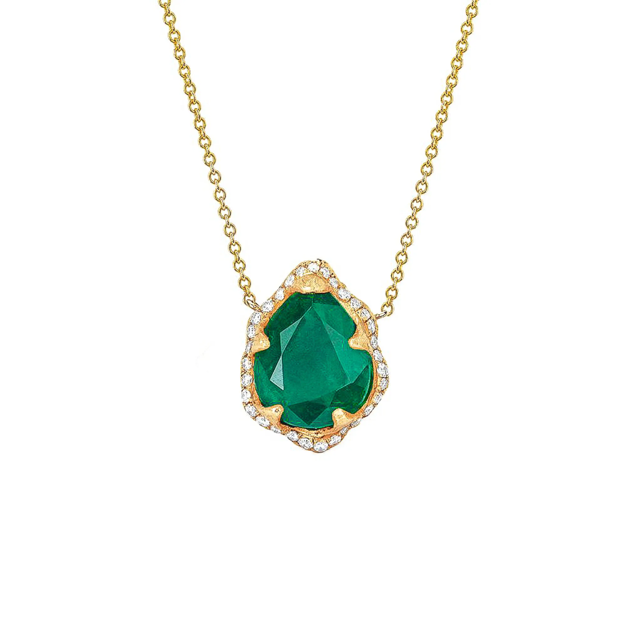 Baby Queen Water Drop Emerald Necklace with Full Pavé Diamond Halo