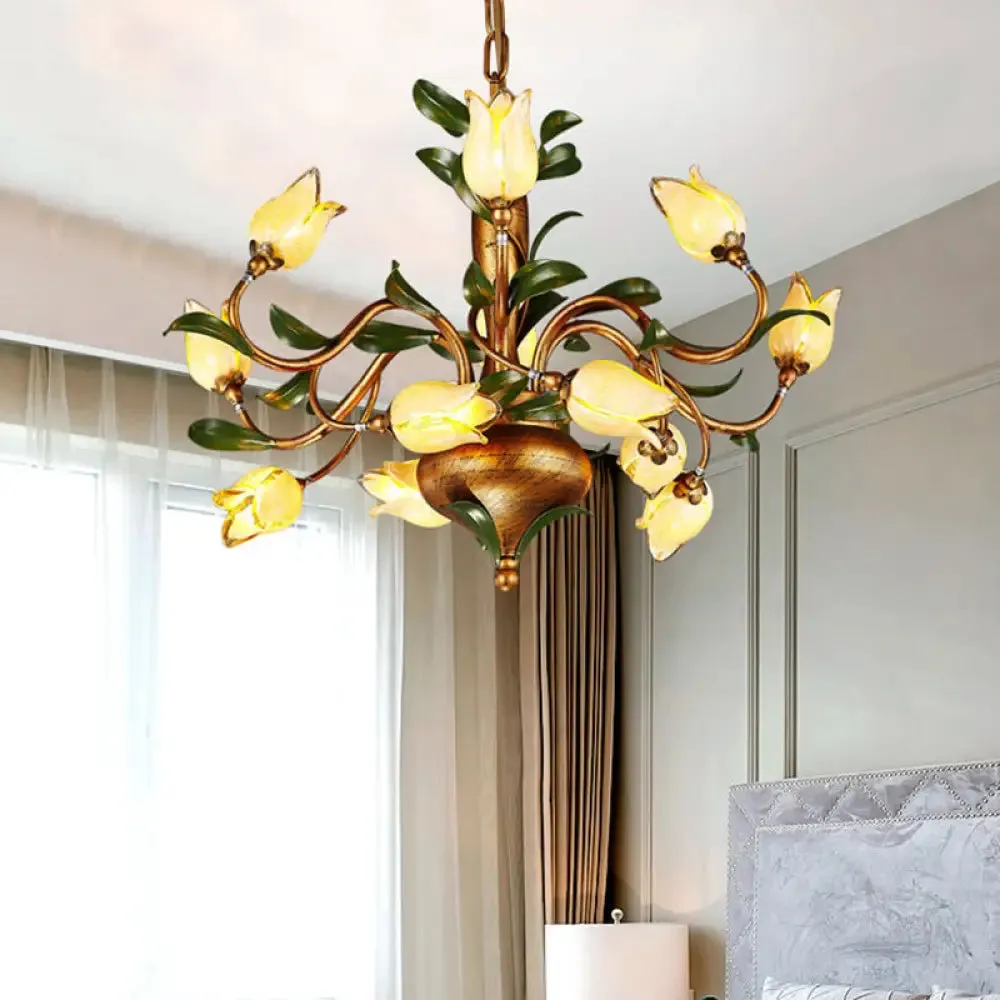 Blossom Chandelier Ceiling Light: Traditional Sandblasted Glass Pendant Fixture (12 Heads) in Brass