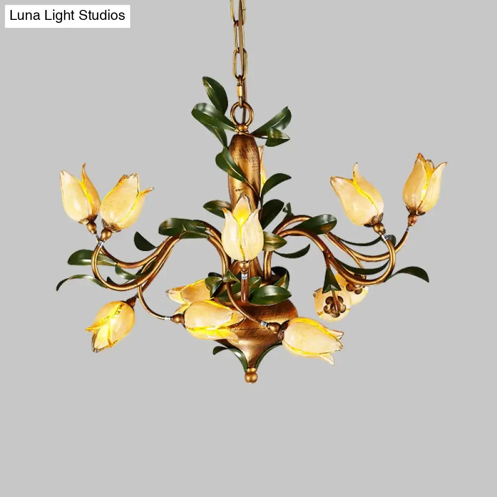 Blossom Chandelier Ceiling Light: Traditional Sandblasted Glass Pendant Fixture (12 Heads) in Brass