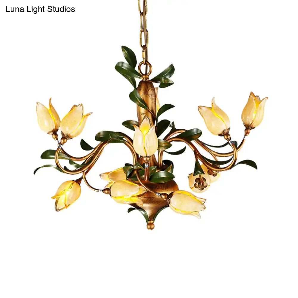 Blossom Chandelier Ceiling Light: Traditional Sandblasted Glass Pendant Fixture (12 Heads) in Brass