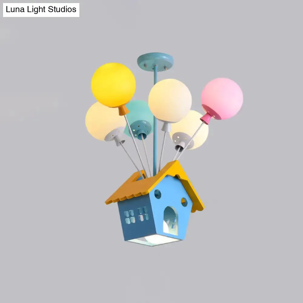 Blue Balloon House Hanging Lamp: Cartoon-Style Chandelier with 6 Wooden Bulbs & Multicolored Glass Shade