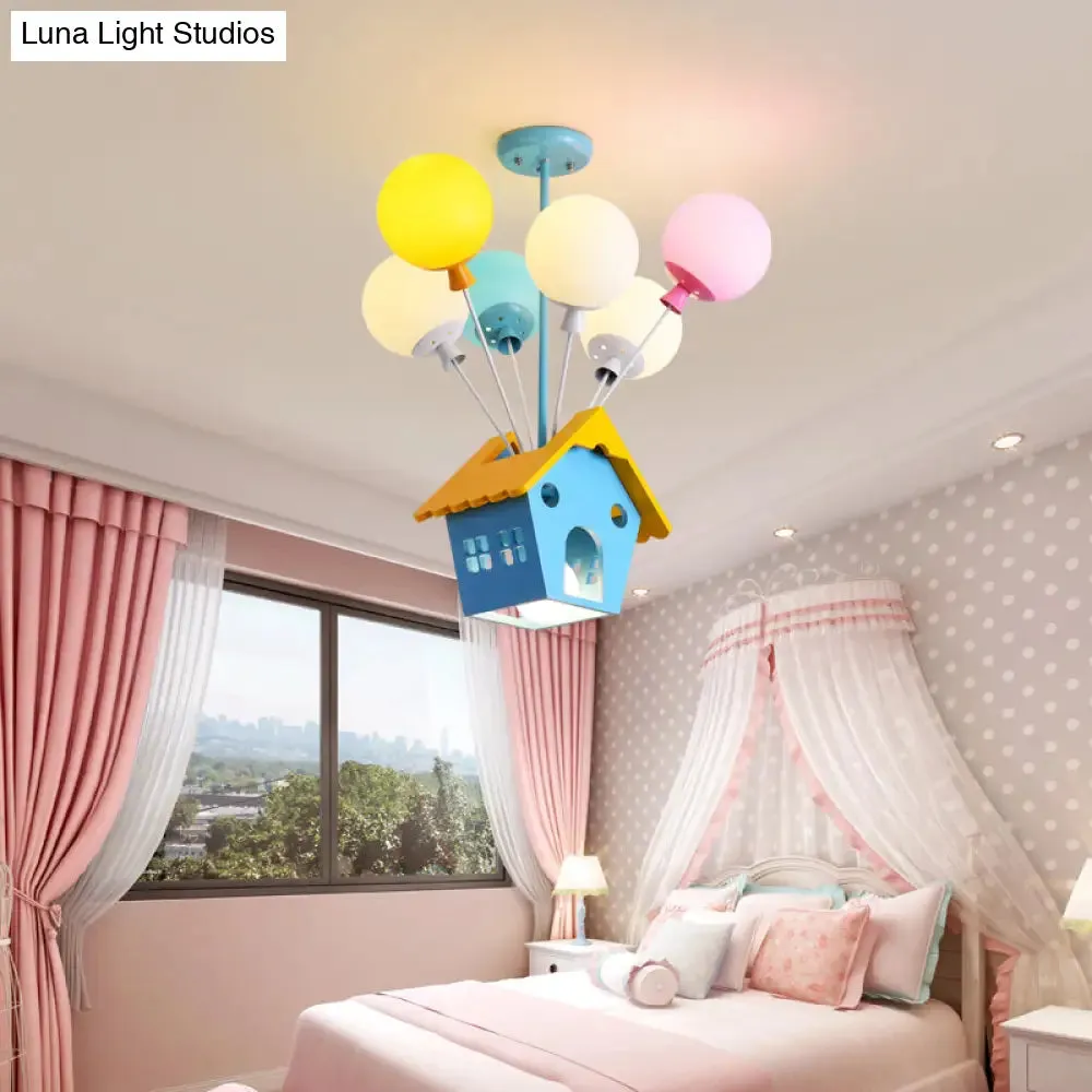 Blue Balloon House Hanging Lamp: Cartoon-Style Chandelier with 6 Wooden Bulbs & Multicolored Glass Shade