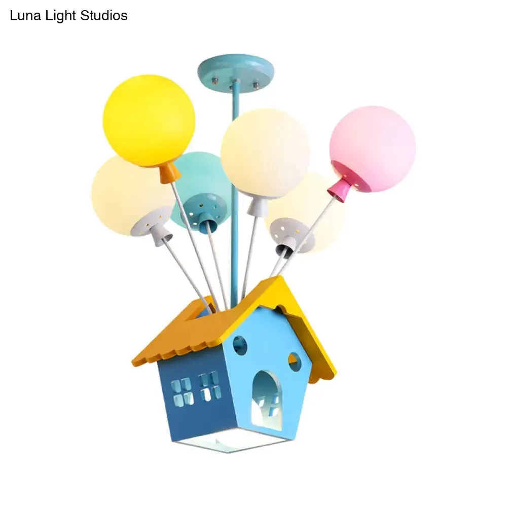 Blue Balloon House Hanging Lamp: Cartoon-Style Chandelier with 6 Wooden Bulbs & Multicolored Glass Shade