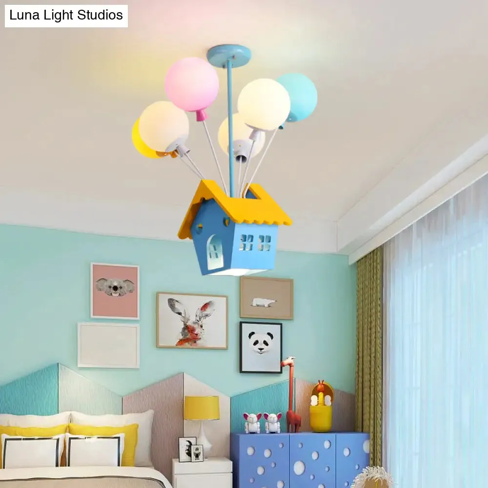 Blue Balloon House Hanging Lamp: Cartoon-Style Chandelier with 6 Wooden Bulbs & Multicolored Glass Shade