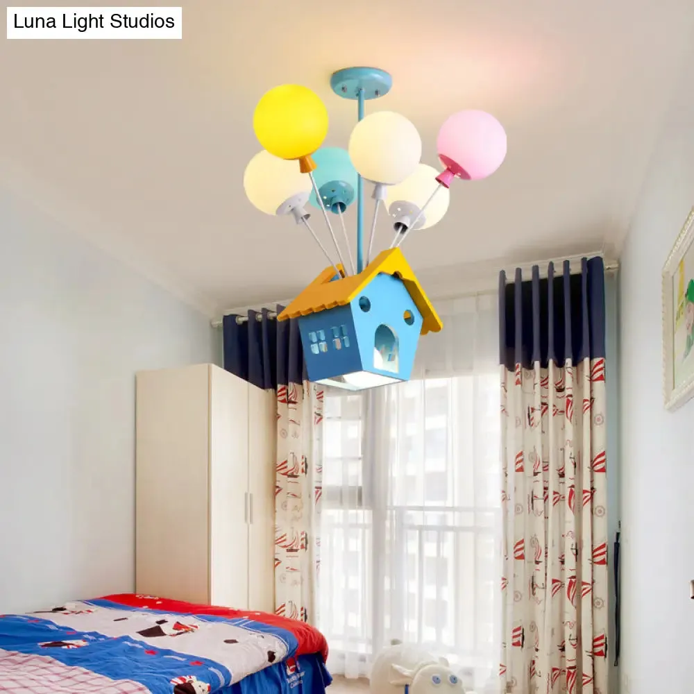 Blue Balloon House Hanging Lamp: Cartoon-Style Chandelier with 6 Wooden Bulbs & Multicolored Glass Shade