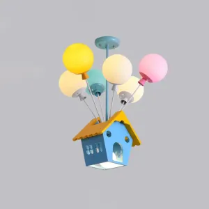 Blue Balloon House Hanging Lamp: Cartoon-Style Chandelier with 6 Wooden Bulbs & Multicolored Glass Shade