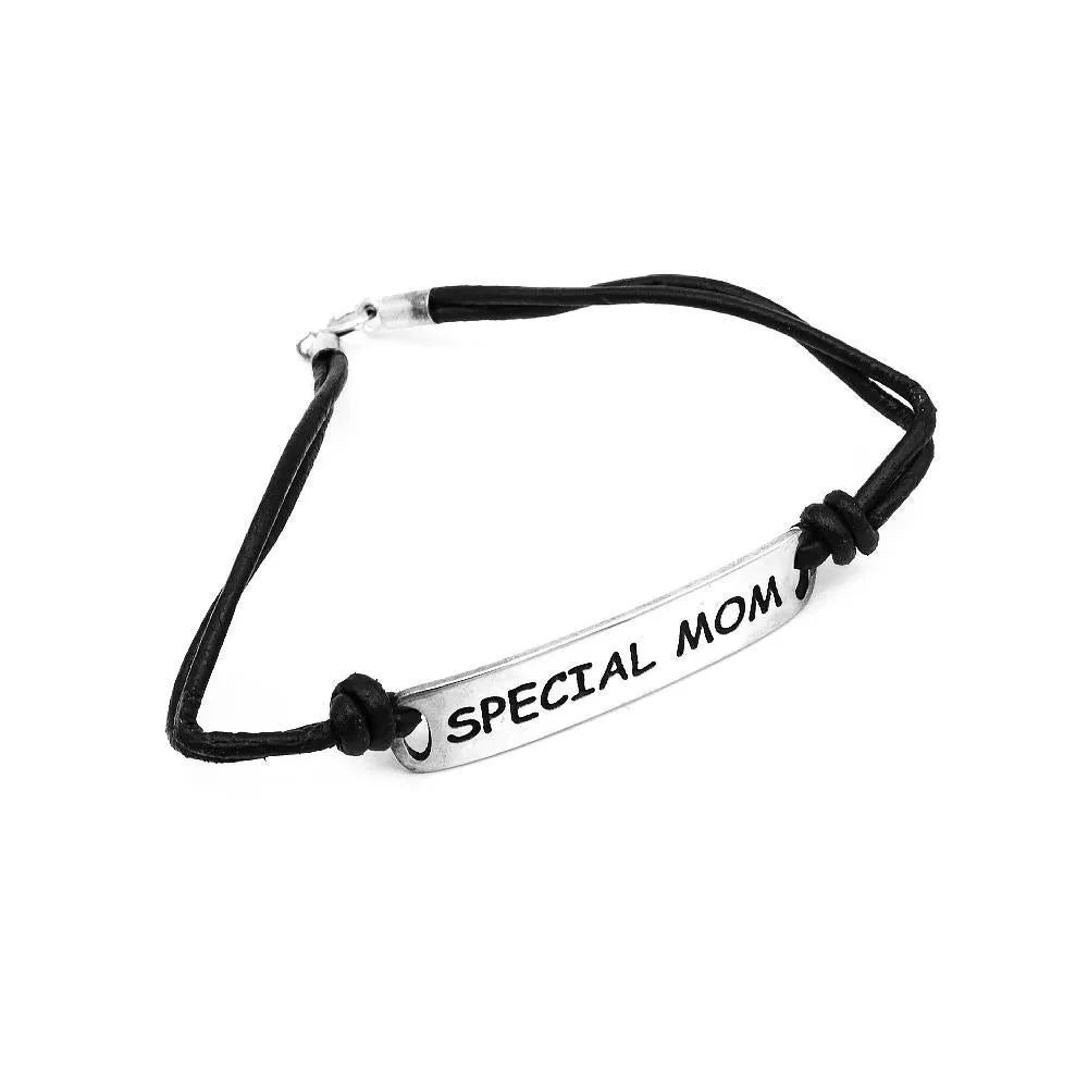 Cardea "Special Mom" Engraved 925 Sterling Silver on Leather Bracelet