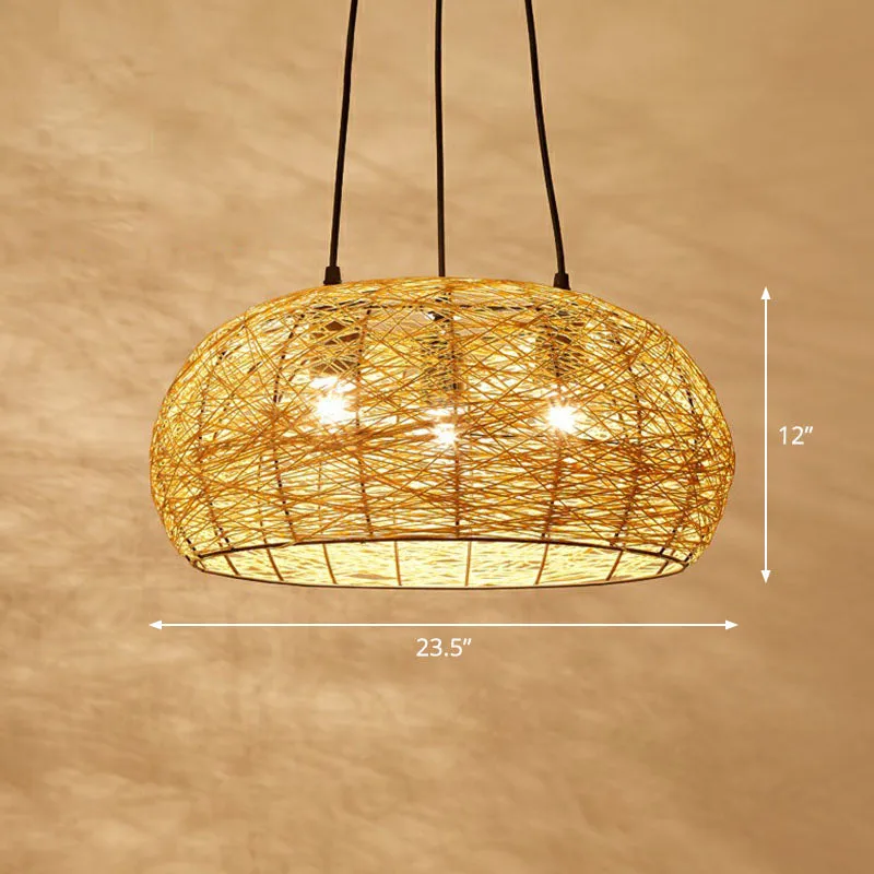 Chinese Dome Rattan Chandelier with 3 Pendant Lights for Restaurants