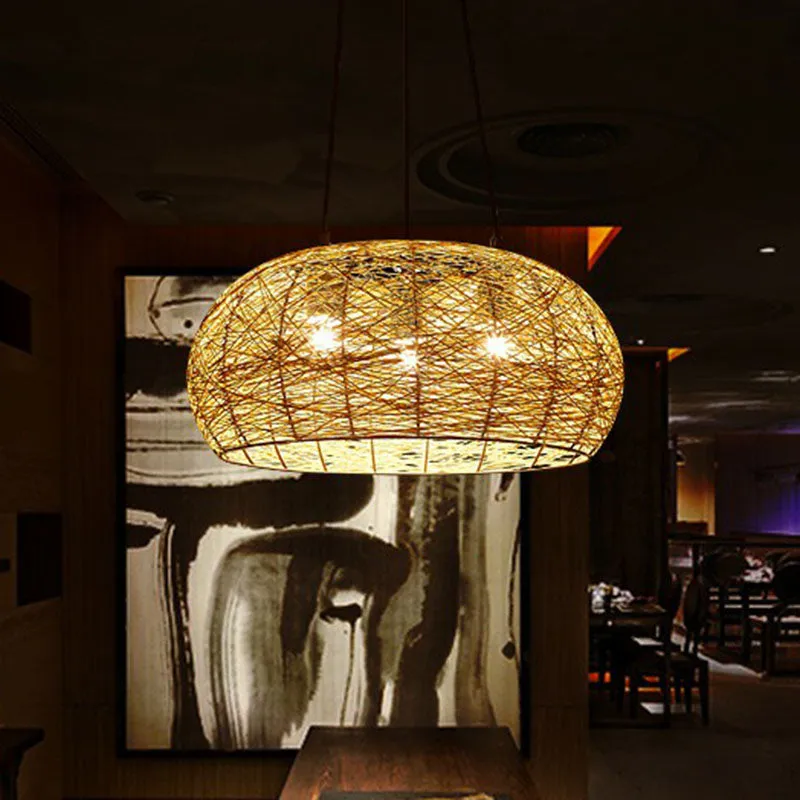 Chinese Dome Rattan Chandelier with 3 Pendant Lights for Restaurants