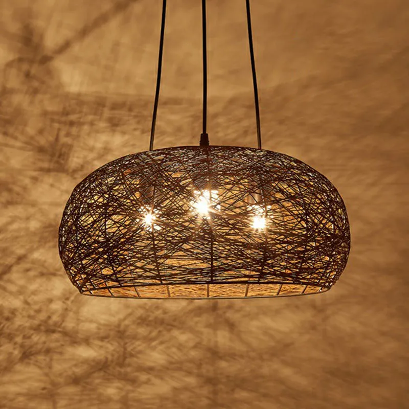 Chinese Dome Rattan Chandelier with 3 Pendant Lights for Restaurants