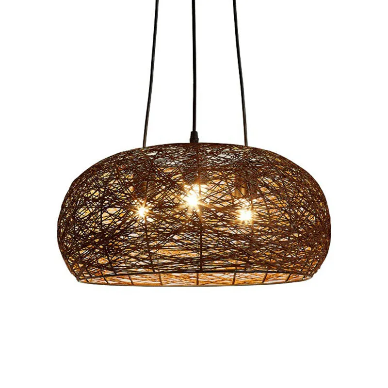 Chinese Dome Rattan Chandelier with 3 Pendant Lights for Restaurants