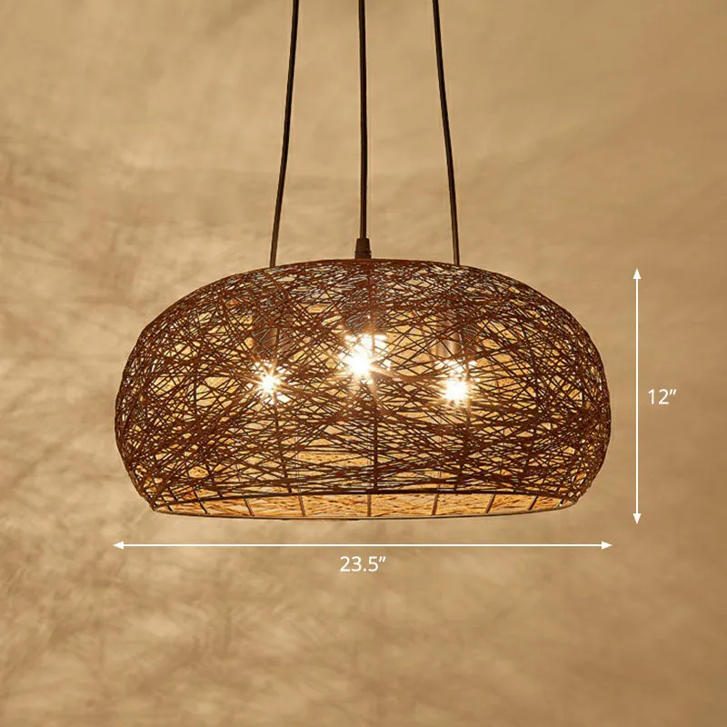 Chinese Dome Rattan Chandelier with 3 Pendant Lights for Restaurants