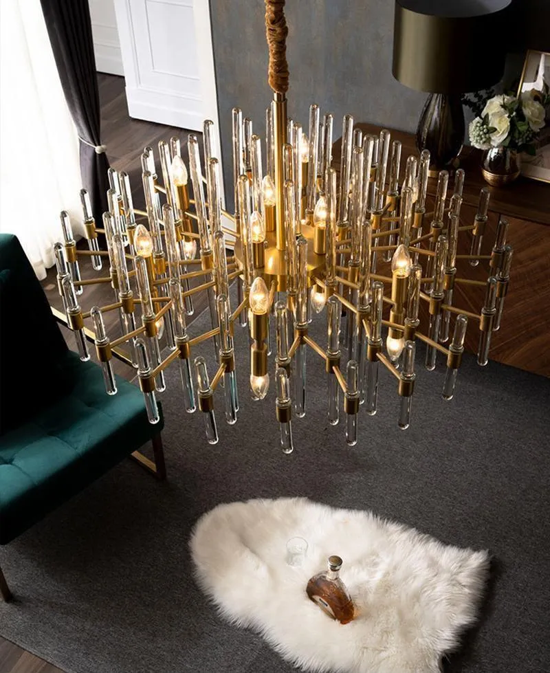 Clear Glass Rods Brass Chandelier