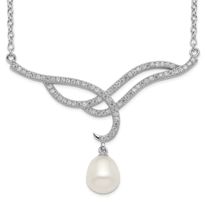 CLEARANCE - Sterling Silver CZ Swirl & Pearl Drop Necklace (SI3076)