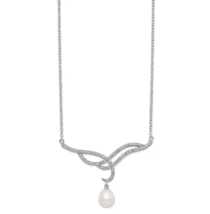 CLEARANCE - Sterling Silver CZ Swirl & Pearl Drop Necklace (SI3076)