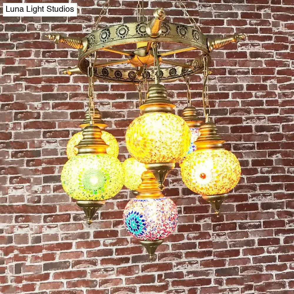 Colorful Retro Glass Globe Ceiling Chandelier - Bronze Pendant Lighting for Living Room