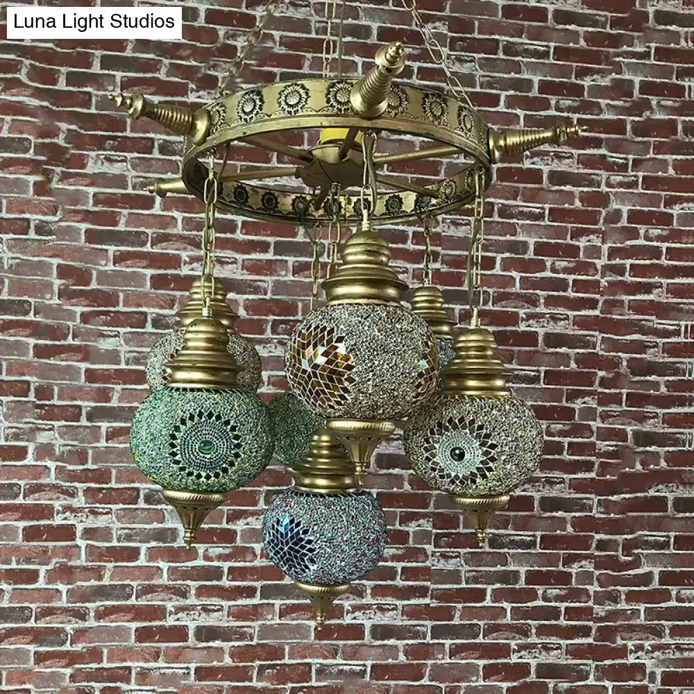 Colorful Retro Glass Globe Ceiling Chandelier - Bronze Pendant Lighting for Living Room