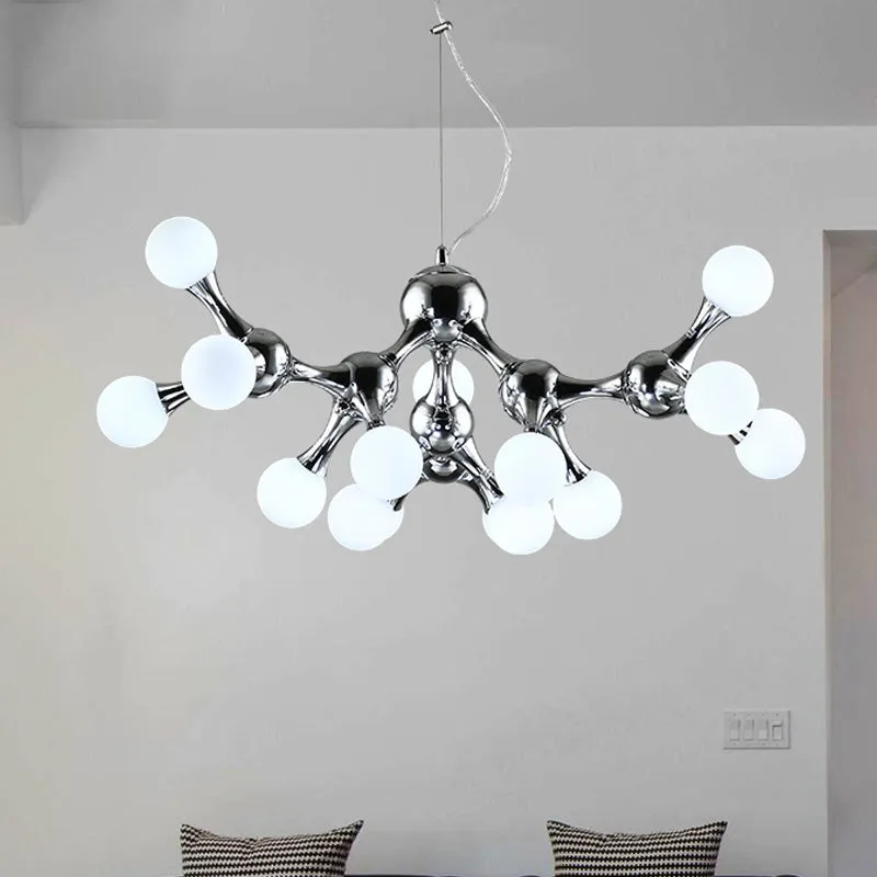 Contemporary Starburst Metal Chandelier with White Glass Shade - Chrome Finish