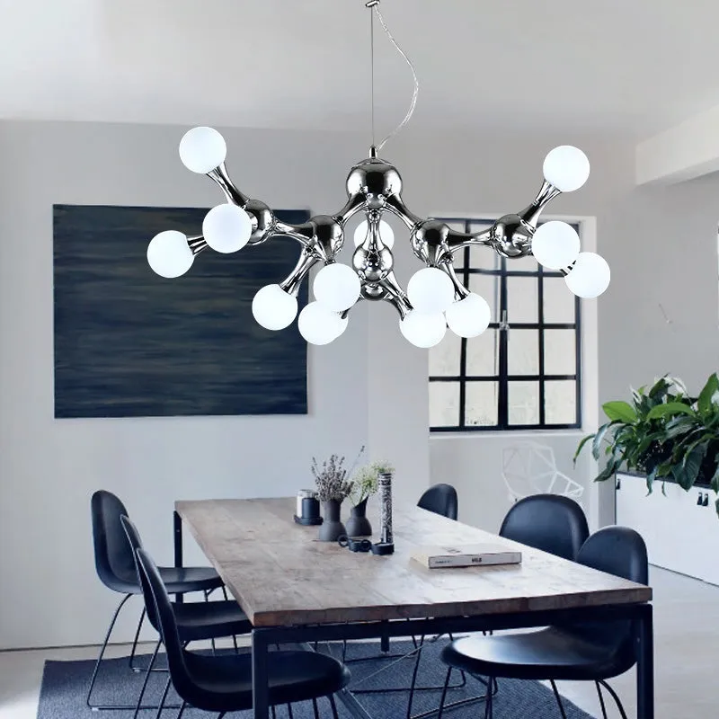 Contemporary Starburst Metal Chandelier with White Glass Shade - Chrome Finish