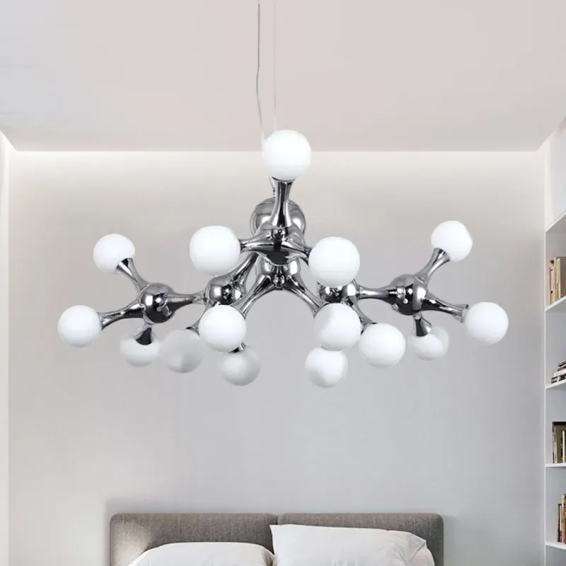 Contemporary Starburst Metal Chandelier with White Glass Shade - Chrome Finish