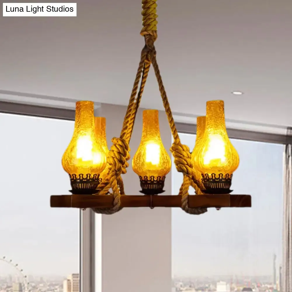 Country Stylish 5-Light Pendant Lamp with Yellow Cracked Glass Teardrop Shades and Rope Detailing