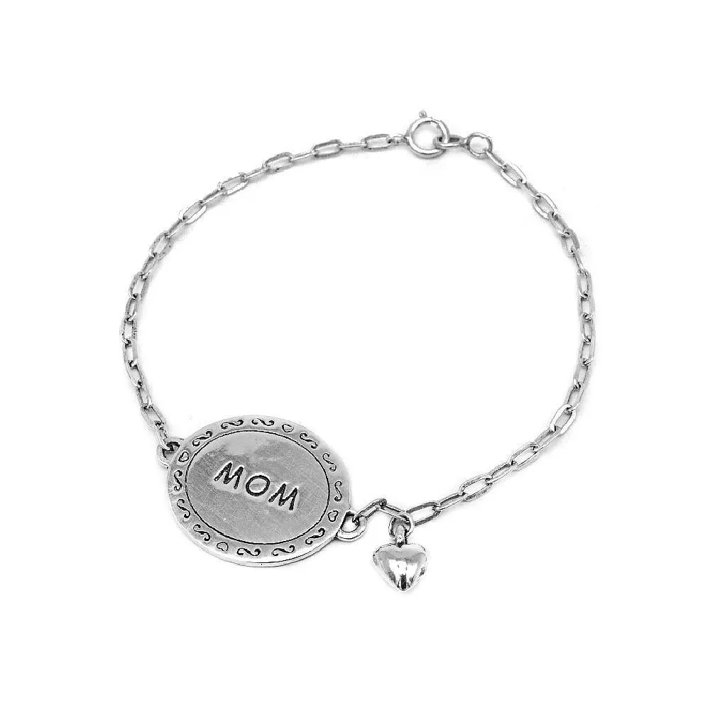 Creola "Mom" Engraved & Puff Heart 925 Sterling Silver Charm Bracelet